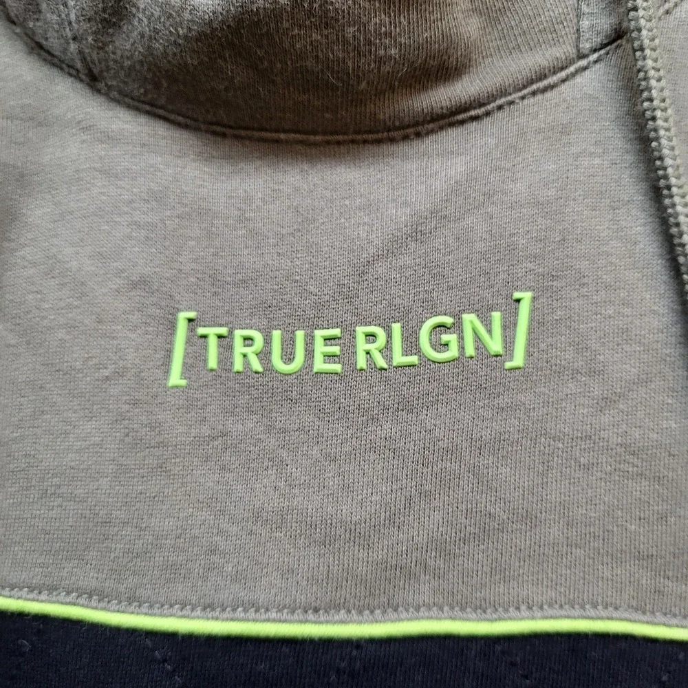 True‎ Religion Men Hoodie M Olive Green Black Colorblock Front Logo Contrast